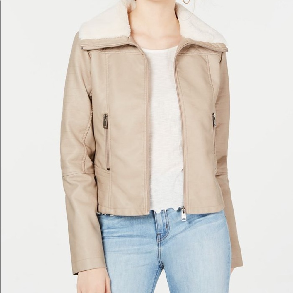 Coffee Shop , Faux Fur-Collar Moto Jacket